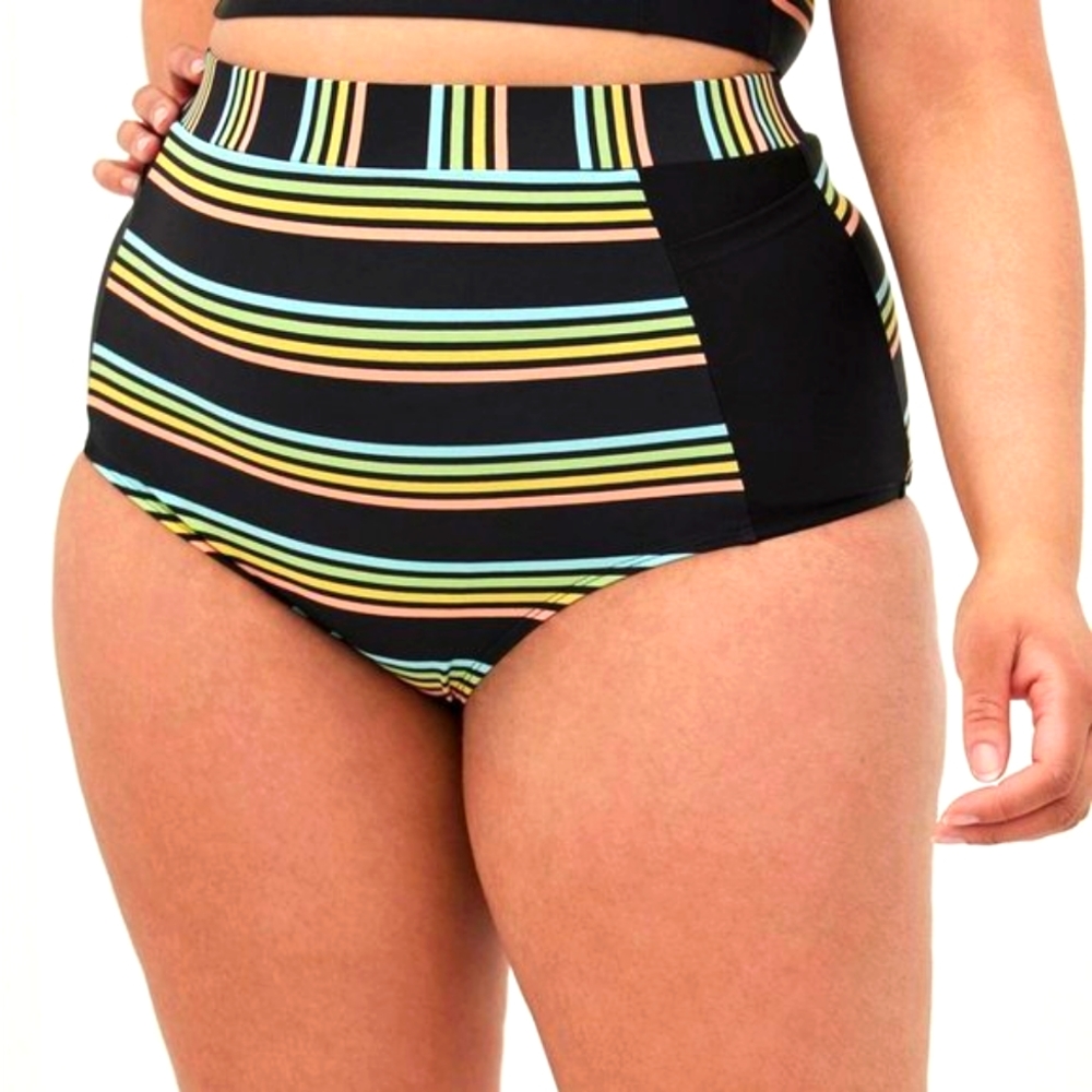 ❤️NWT TORRID ACTIVE SWIM BOTTOM HIGH RISE BRIEF  POCKETS - PASTEL STRIPE
